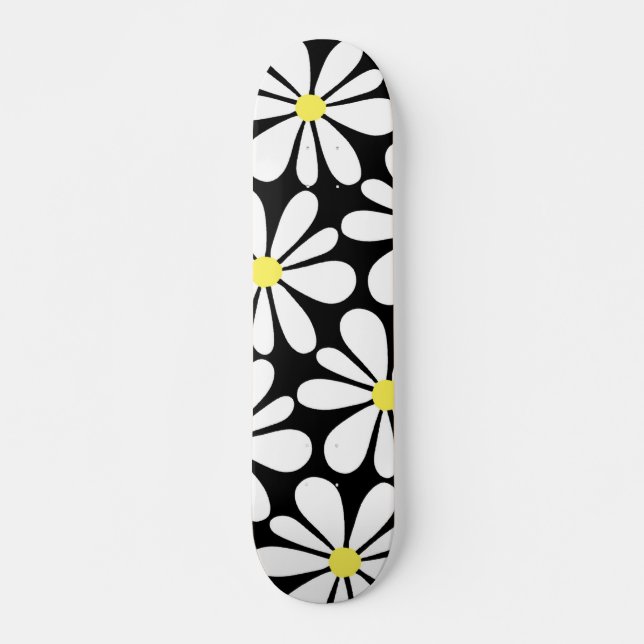 White Daisy on Black Floral Skateboard (Front)
