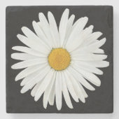 White Daisy on Black Floral Stone Coaster (Front)