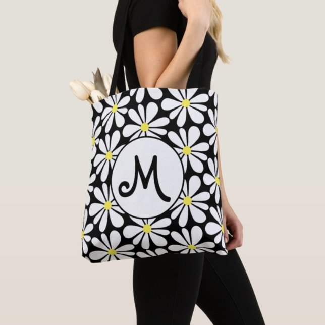 White Daisy on Black Floral Tote Bag (Creator Uploaded)