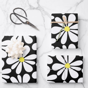 White Daisy on Black Floral Wrapping Paper Sheet