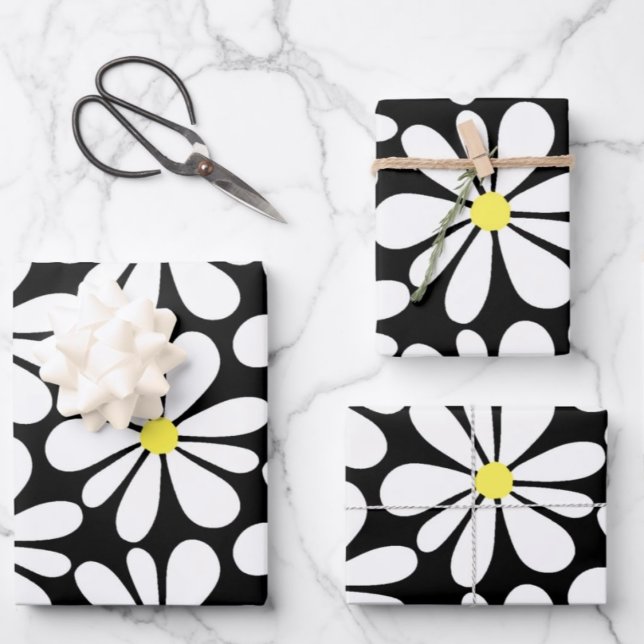 White Daisy on Black Floral Wrapping Paper Sheet (Creator Uploaded)