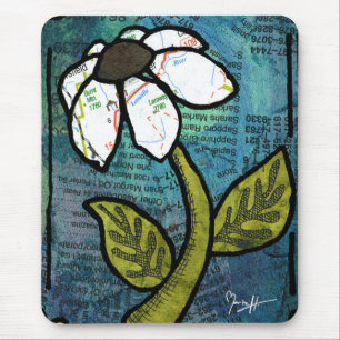 White Daisy on Blue Background - Collage Mouse Pad
