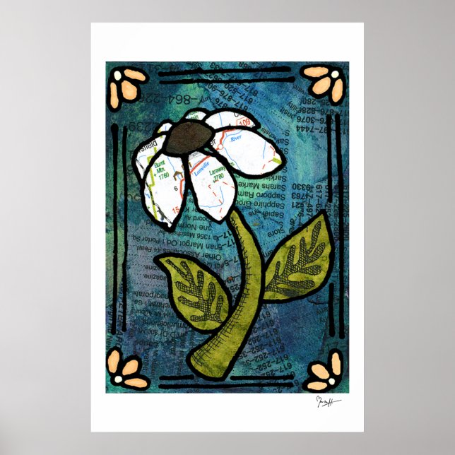 White Daisy on Blue Background - Collage Poster (Front)