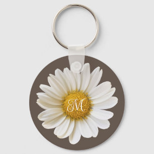 White Daisy on Brown Personalised Keychain