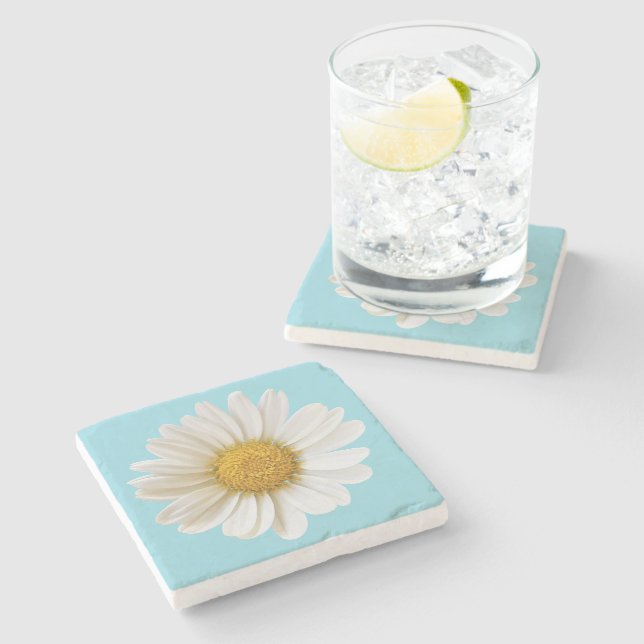 White Daisy on Light Blue Background Floral Stone Coaster (Side)
