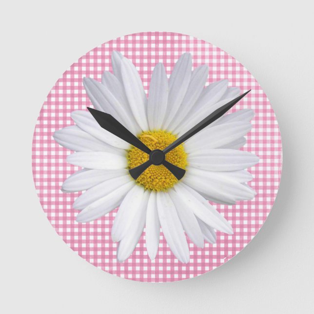 white daisy on pink gingham round clock (Front)