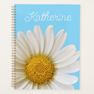 White Daisy on Sky Blue Custom Name Planner