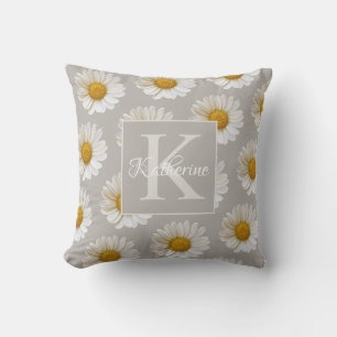 White Daisy Pattern Monogram Grey Floral Cushion