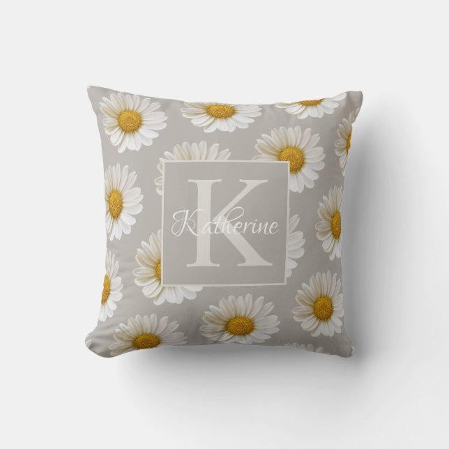 White Daisy Pattern Monogram Grey Floral Cushion (Front)
