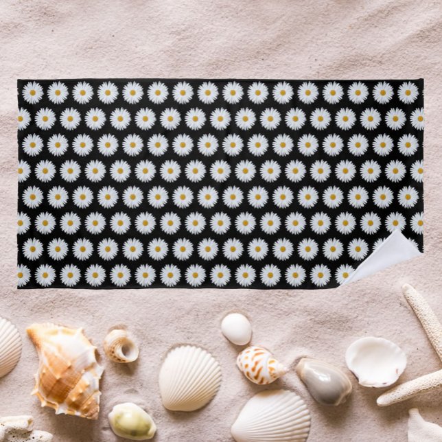 White Daisy Pattern on Black Floral Beach Towel (In Situ Beach)