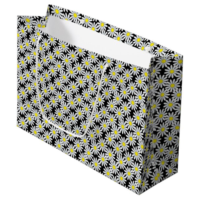 White Daisy Pattern on Black Large Gift Bag (Front Angled)