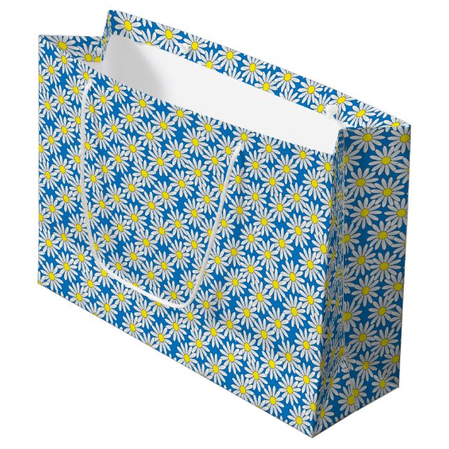 White Daisy Pattern on Blue Large Gift Bag (Front Angled)