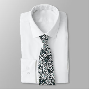 White Daisy Pattern on Dark Green Background Tie