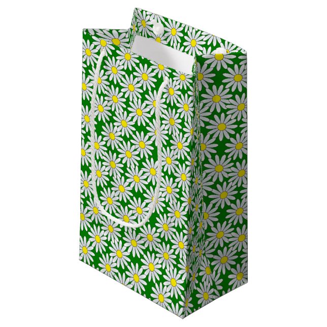 White Daisy Pattern on Green Small Gift Bag (Front Angled)