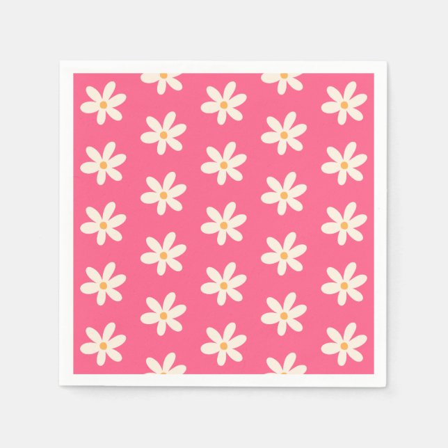 White Daisy Pattern on Hot Pink Retro y2k Preppy  Napkin (Front)