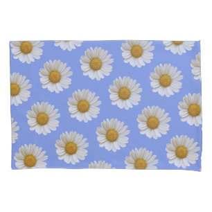 White Daisy Pattern on Light Blue Background Pillowcase