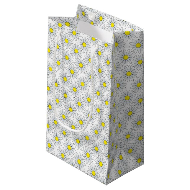 White Daisy Pattern on White Small Gift Bag (Front Angled)
