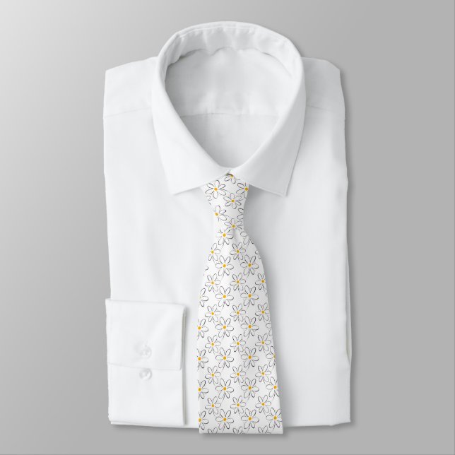 White Daisy Pattern Tie (Tied)