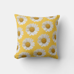 White Daisy Pattern Yellow Floral Cushion