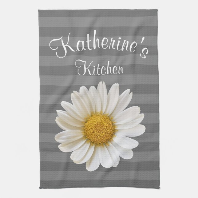 White Daisy Personalised Grey Striped Tea Towel (Vertical)