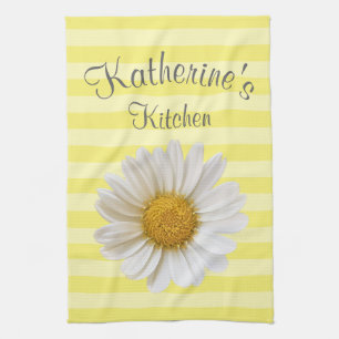 White Daisy Personalised Yellow Striped Tea Towel