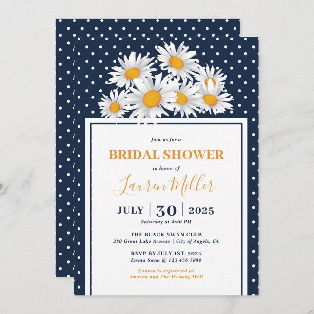 White Daisy Polkadot Pattern Floral Bridal Shower Invitation (Front/Back)