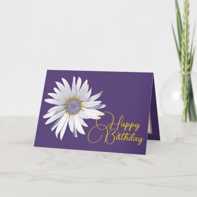 White Daisy Purple Background Birthday Card (Front)