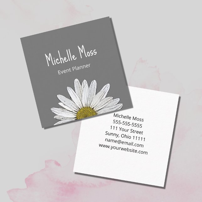 White Daisy Simple Botanical Grey  Square Business Card (Creator Uploaded)