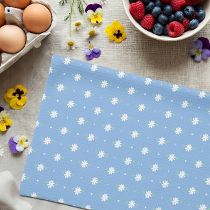White Daisy Simple Floral Spring Pattern Blue Tea Towel
