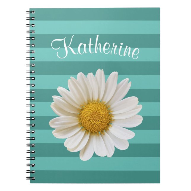 White Daisy Teal Striped Custom Name Notebook (Front)