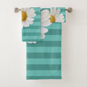 White Daisy Teal Striped Personalised Bath Towel Set