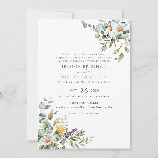 White Daisy Traditional Wedding Invitation  (Front)