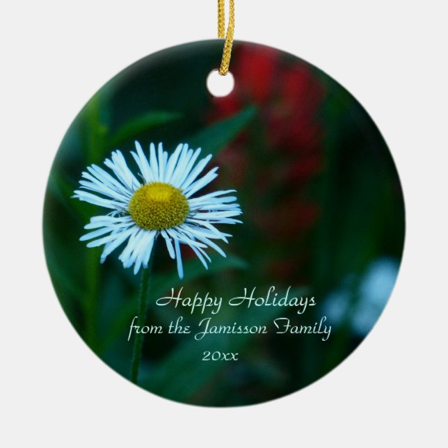 White Daisy Wildflower Christmas Ornament, Round Ceramic Tree Decoration (Front)