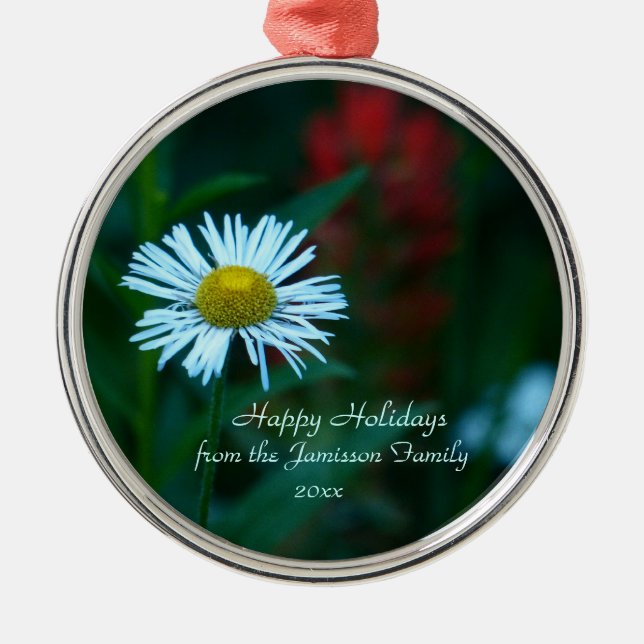 White Daisy Wildflower, Green, Name, Christmas  Metal Ornament (Front)