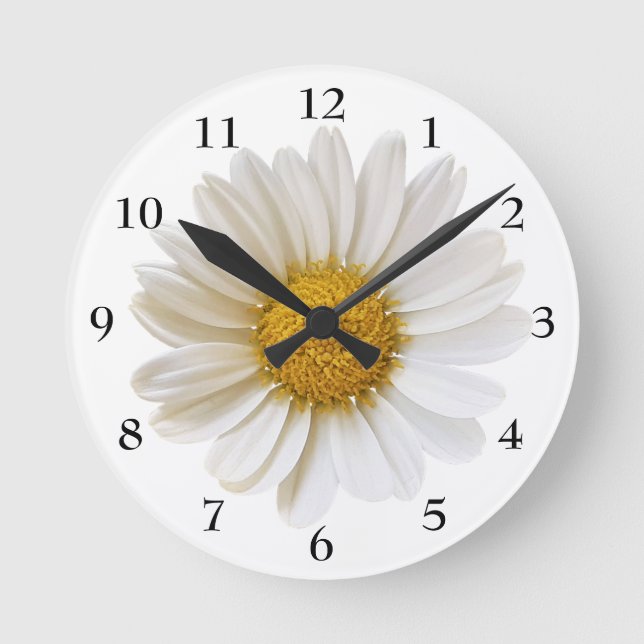 White Daisy with Black Numbers Round Clock (Front)