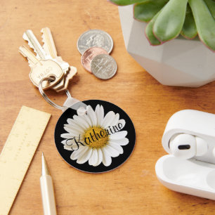 White Daisy with Custom Name Black Key Ring