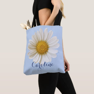 White Daisy with Custom Name Light Blue Tote Bag
