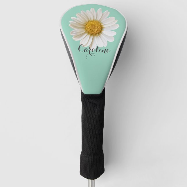 White Daisy with Custom Name Light Teal Golf Head Cover (Front)