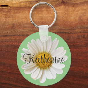 White Daisy with Custom Name Sage Green Key Ring