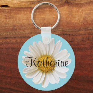 White Daisy with Custom Name Sky Blue Key Ring