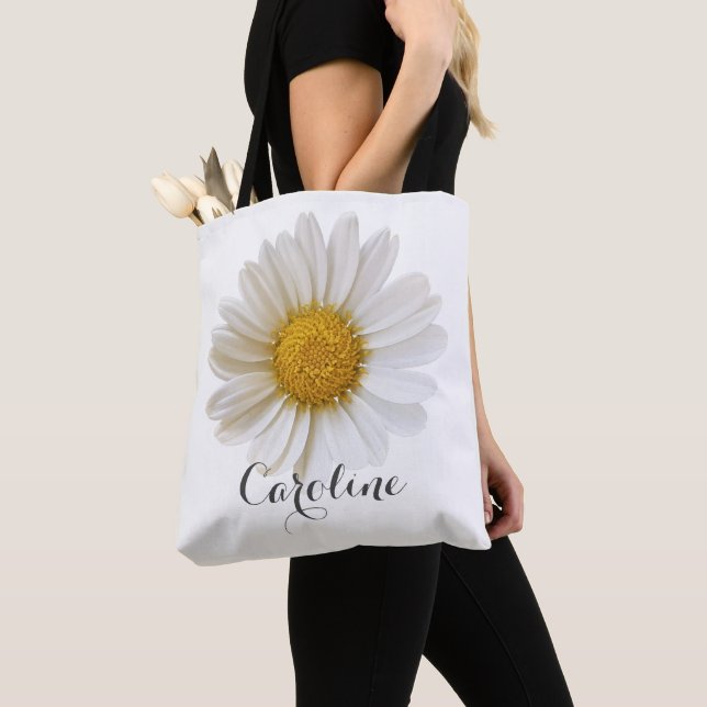 White Daisy with Custom Name Tote Bag (Close Up)