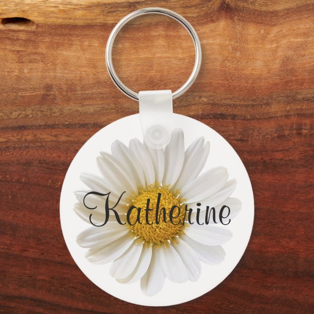 White Daisy with Custom Name White Key Ring (Front)