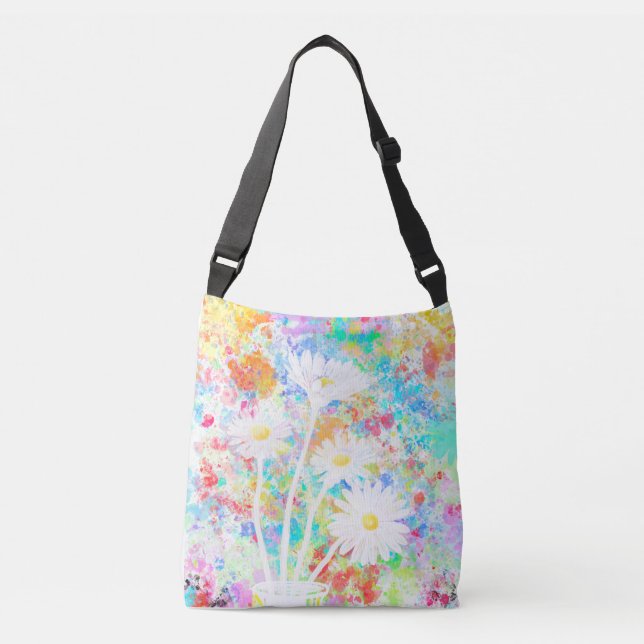 White Daisy with splatter background Crossbody Bag (Front)