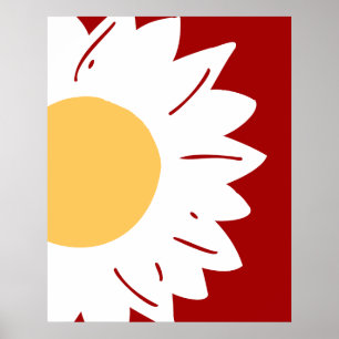 White Daisy with Yellow Center on Red Abstract Poster