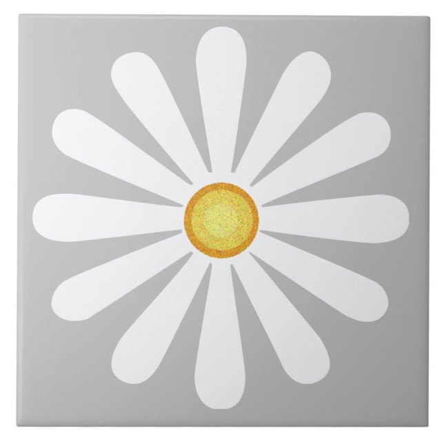 White daisy with yellow centre on silver tile (Front)