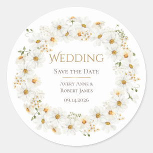White Daisy Wreath Watercolor Pretty Save the Date Classic Round Sticker