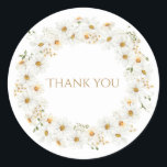 White Daisy Wreath Watercolor Pretty Thank You Classic Round Sticker<br><div class="desc">White daisy watercolor wreath. Simple typography “Thank you” So fresh and pretty.</div>