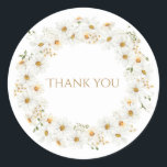 White Daisy Wreath Watercolor Pretty Thank You Classic Round Sticker<br><div class="desc">White daisy watercolor wreath. Simple typography “Thank you” So fresh and pretty.</div>