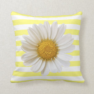 White Daisy Yellow and White Striped Cushion