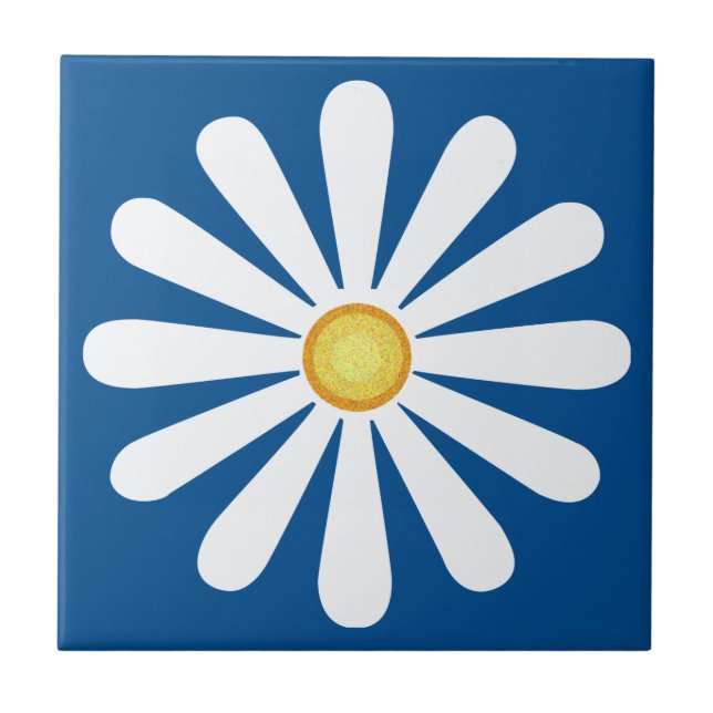 White daisy, yellow centre, on lapis blue ceramic tile (Front)